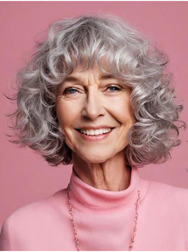Chin-Length Curly Bob Human Hair Wig Grey for Women