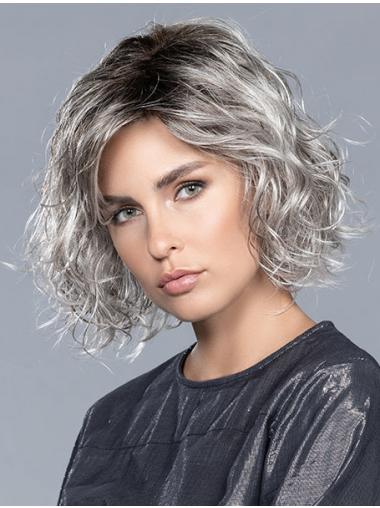 Grey Curly Synthetic Wig Lace Front Cap, Layered Shoulder-Length