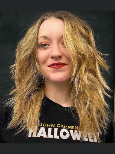 Long 16" Blonde Wavy Wig - Remy Human Hair No Bangs