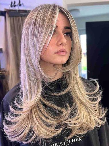 Long 18" Human Hair Wigs Platinum Blonde Layered Wavy Wig