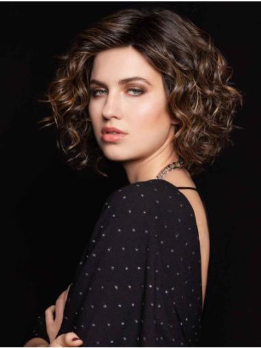 Curly Brown Synthetic Wig Chin-Length Monofilament