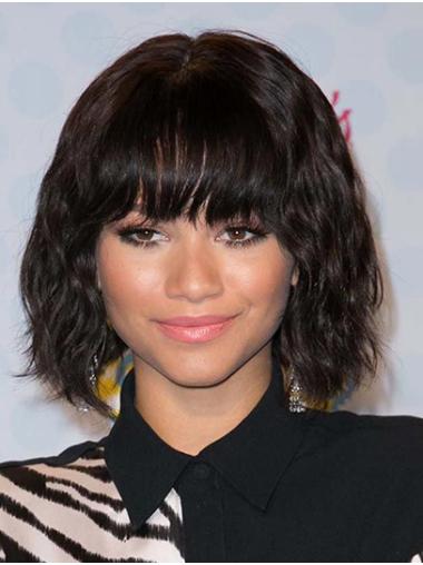 12" Durable Black Wavy Bob Human Hair Wig Chin Length