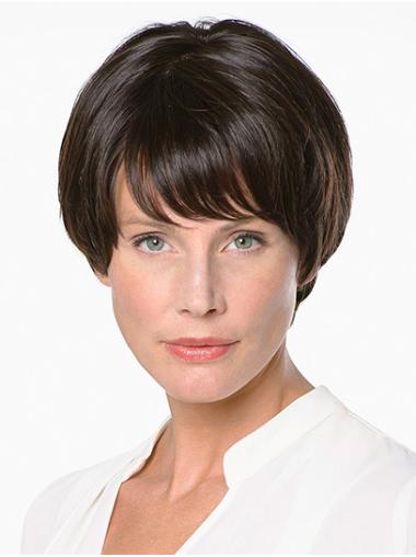 8" Straight Short Brown Wig Remy Human Hair With Bangs