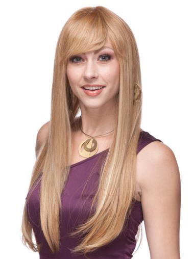 Long Straight Blonde Wig With Bangs Stylish Human Hair