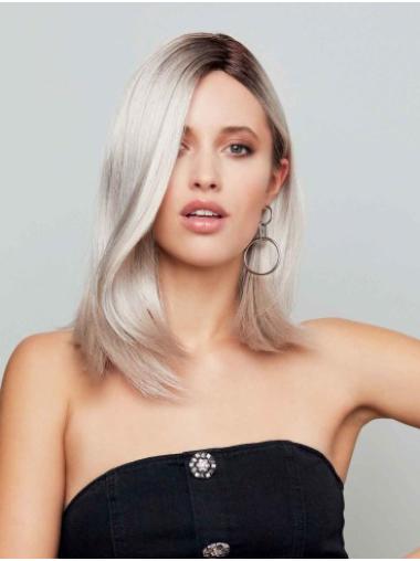 Shoulder Length Grey Synthetic Hair Women Wig Straight