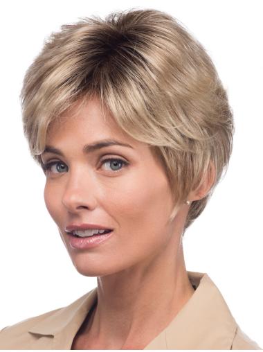 Short 8" Blonde Human Hair Wig For Older Women