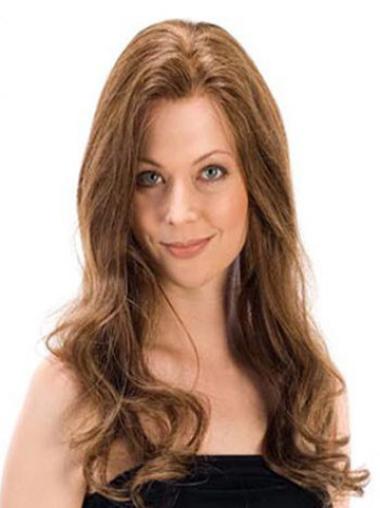 Long Wavy Brown Human Hair Wig Hand Tied Without Bangs