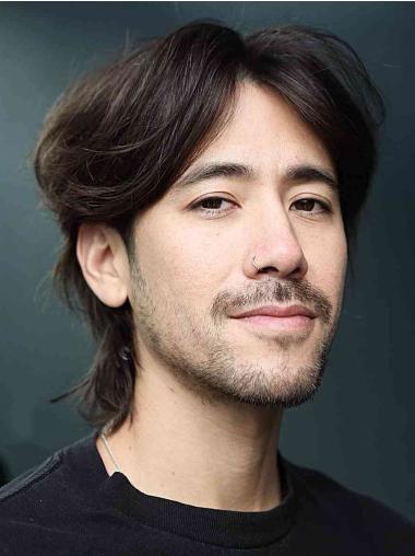 Black Shoulder Length Layered Wig for Men Mono Cap