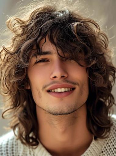 Mens 14" Curly Human Hair Lace Front Wigs with Bangs