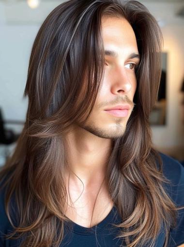 Men Long Hair Brown Wavy Wig - Remy Human Hair