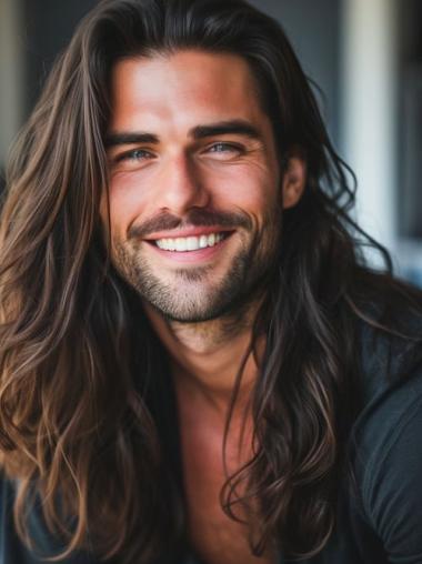 Brown Long Wavy Remy Human Hair Wig for Men