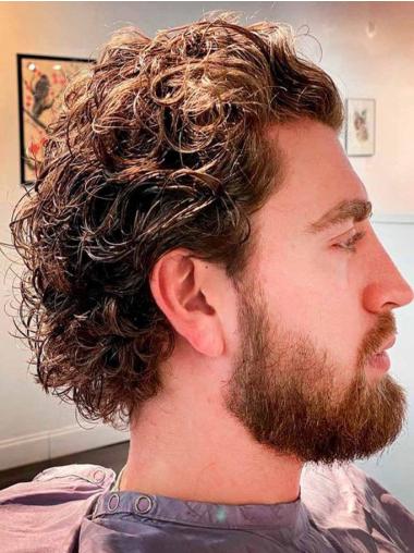Human Hair Brown Curly Men Wig Monofilament Style