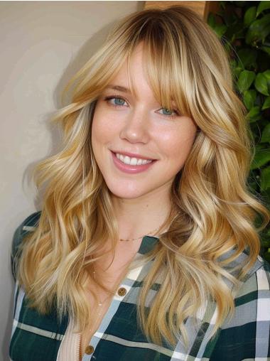 Long Blonde Wavy Lace Front Synthetic Wig with Bangs