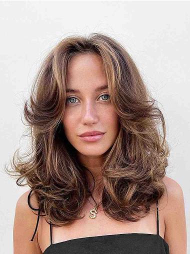 Shoulder Length 14" Brown Wavy Synthetic Layered Wig