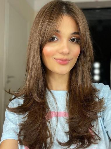 Brown Lace Front Wig 18 Inch Long Straight Layered Synthetic Hair