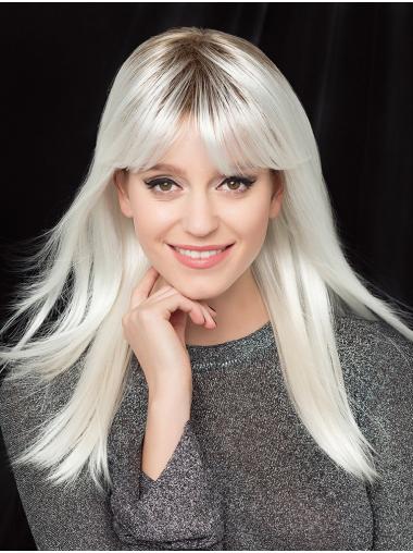 16inch Platinum Blonde Straight Synthetic Wig Capless with Bangs