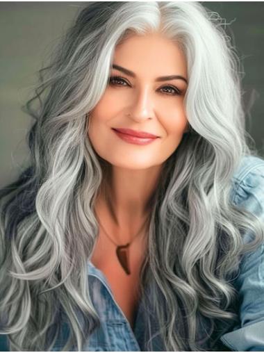 Long Wavy Grey Lace Wig, Synthetic Hair for Natural Look