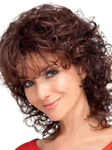 Mid-Length Auburn Curly Synthetic Wig with Bangs