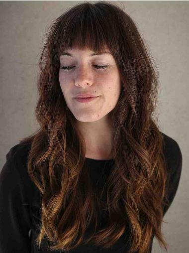 Long Auburn Wavy Lace Front Wigs with Bangs