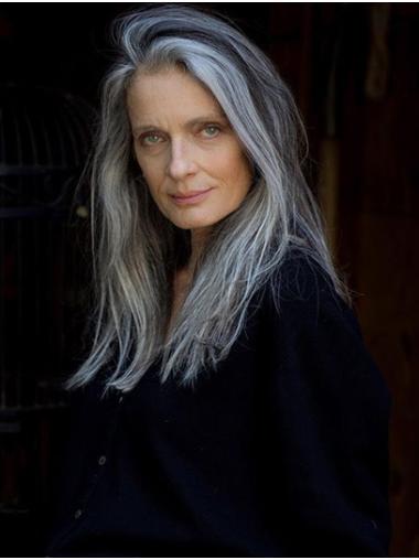 Grey Lace Front Wig 16" Straight Human Hair Without Bangs