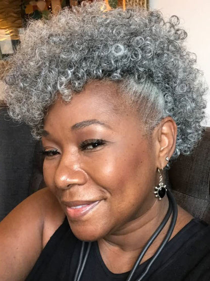 Salt And Pepper Wigs Synthetic 6" Wavy With Bangs