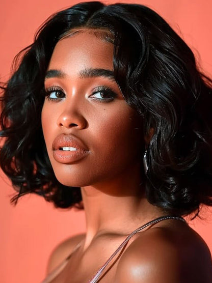 African American 10" Medium Length Black Wigs