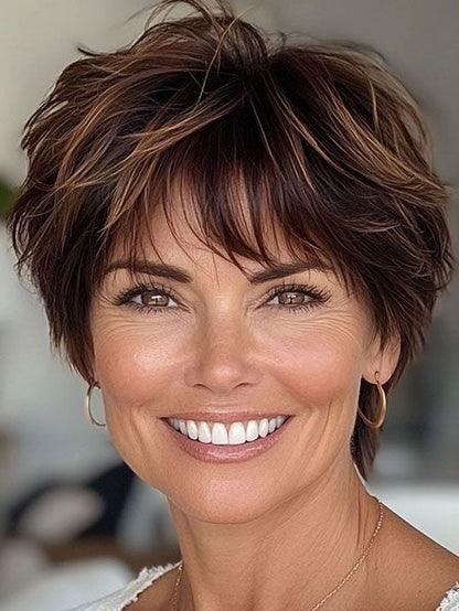 Short Real Human Hair Wig with Highlights Stylish