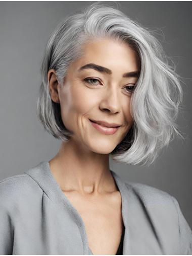 Chin Length Grey Wavy Women Synthetic Wigs