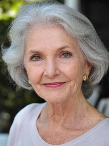 Chin Length Grey Human Hair Wigs 10" Wavy Capless Cap