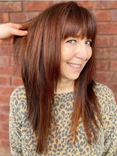 Long 16" Auburn Wig Straight, Human Hair with Bangs