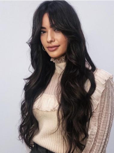 Wavy Black Wig 24" Layered Remy Human Hair, Monofilament Cap