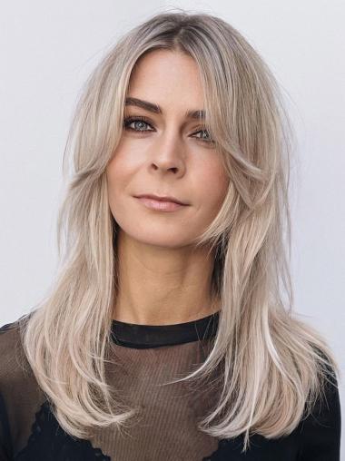 Long 16" Platinum Blonde Wig Straight Layered Human Hair
