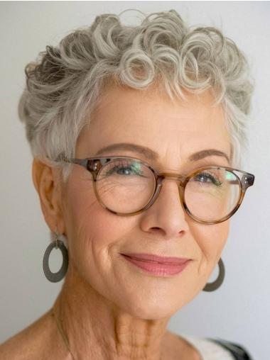 Grey Human Hair Boycut Wig 4" Curly Lace Front Cropped Style