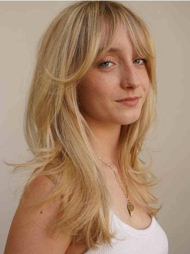 Remy Human Hair Wig Straight Blonde with Bangs, Monofilament Cap