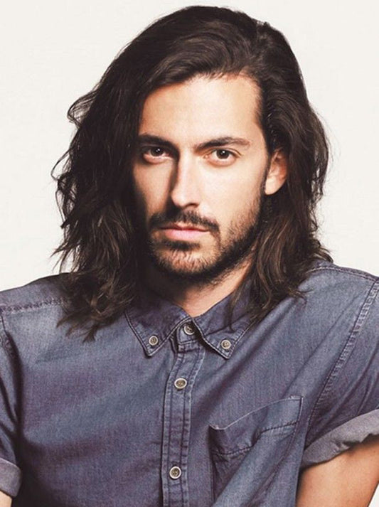 Remy Human Hair Lace Front Wig for Men Shoulder Length Wavy Black Style