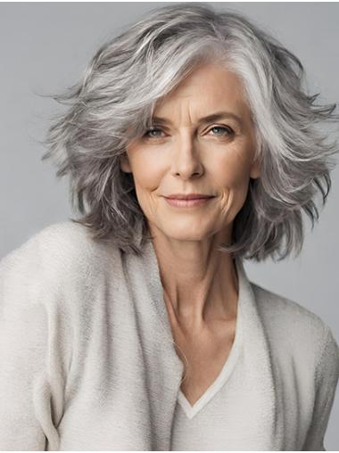Grey Human Hair Bob Wig Chin-Length Wavy Style Elegance