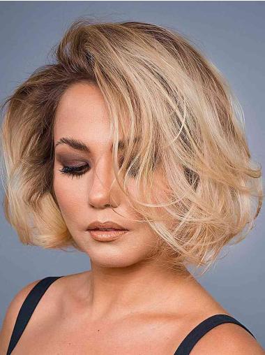Blonde 10inch Chin-Length Wavy Bob Wig Remy Human Hair, Lace Front Design