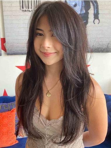 24" Black Long Remy Human Hair Wigs Layered Straight Wig