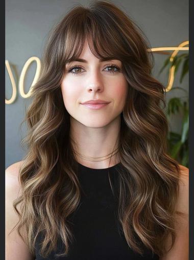 Long Brown Human Hair Wigs 16" Wavy Style Lace Front Design