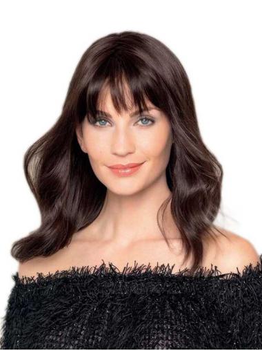 16inch Wavy Brown Real Hair Wigs Best Hand-Tied Human Hair Long