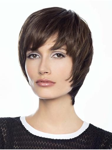 Short Brown 8" Layered Human Hair Lace Wig Elegant Look