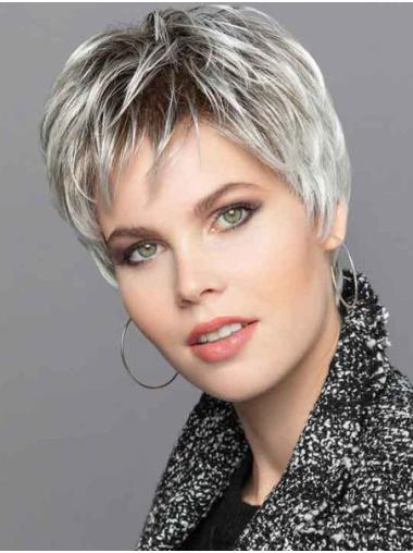 Short Grey Wig Straight Synthetic Hair with Lace Front Cap