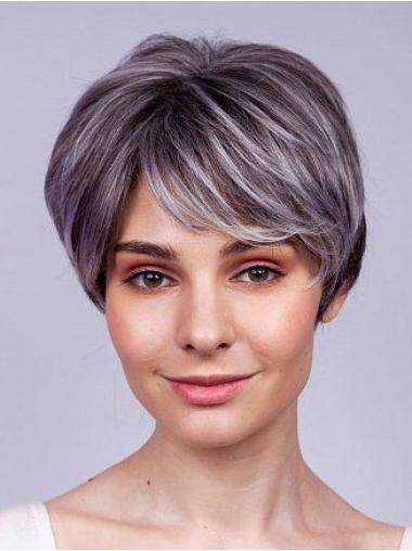 Short 6" Straight Grey Human Hair Wigs for Women