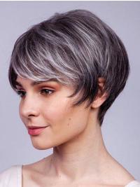 Short 6" Straight Grey Human Hair Wigs for Women