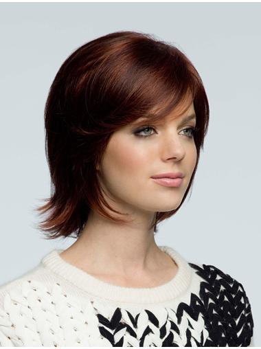 Medium Length Human Hair Wigs Natural Look with Bangs