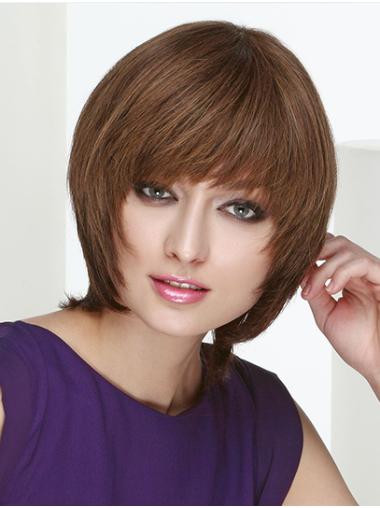 Chin Length Straight Brown Remy Human Hair Wigs Short
