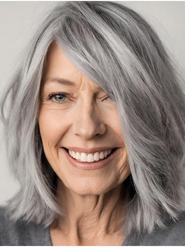 Lace Front Synthetic Wig Grey Straight Shoulder-Length Hair with Bangs