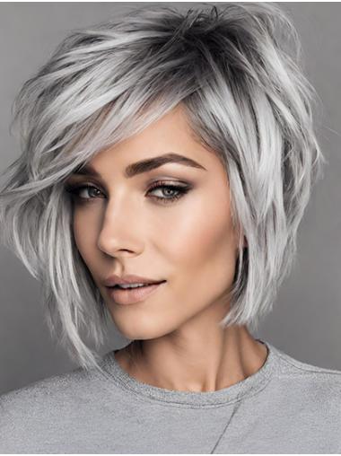 Short Straight Bob Synthetic Wig Grey Medium Density for a Sleek