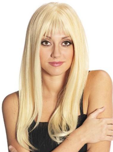 Blonde Full Lace Wig with Bangs Long Human Hair